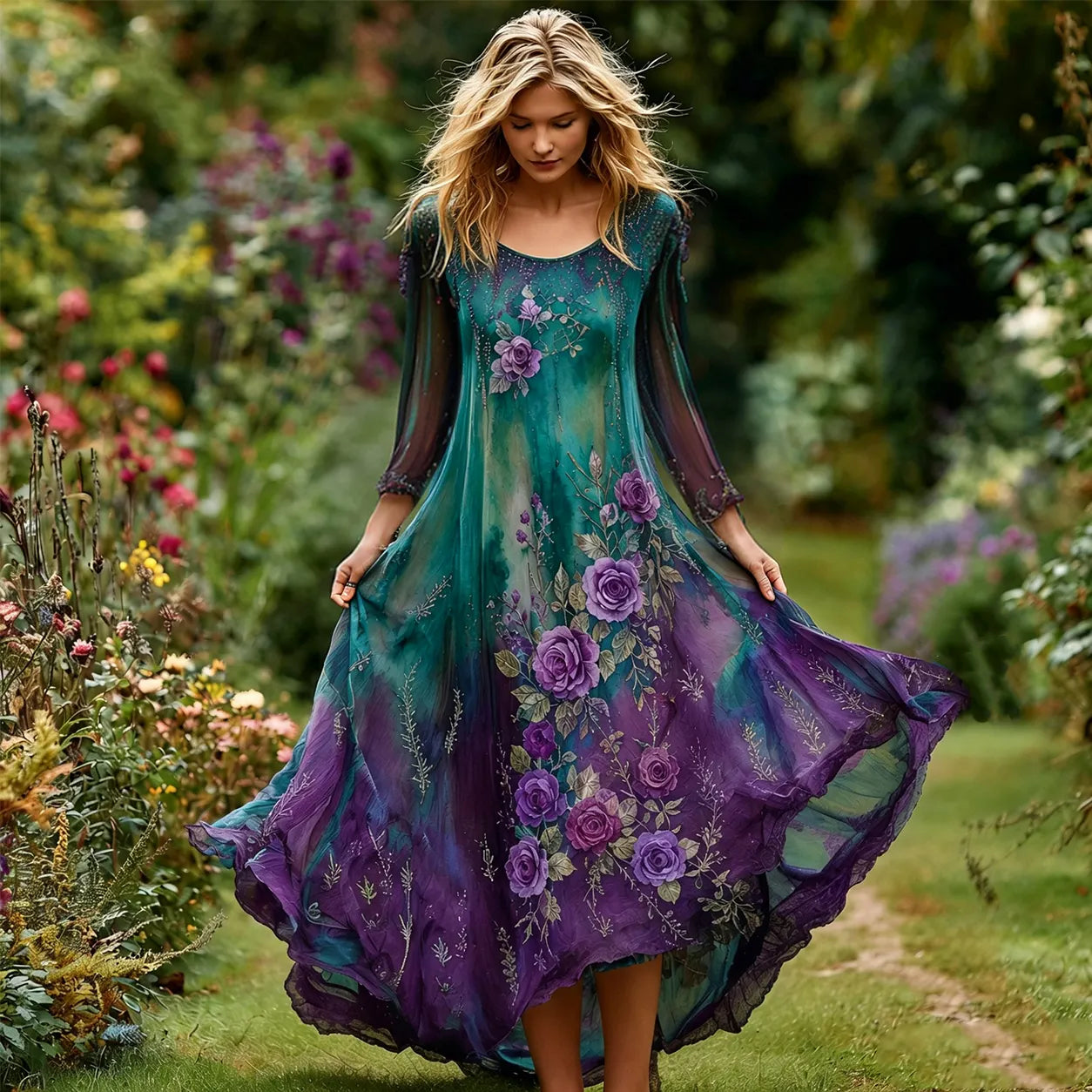 Women's Vintage Floral Embroidery Gradient Pattern Round Neck Long Sleeve Dress