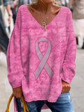 Women's Breast Cancer Awareness Pink Ribbon Printed Casual V-Neck Top