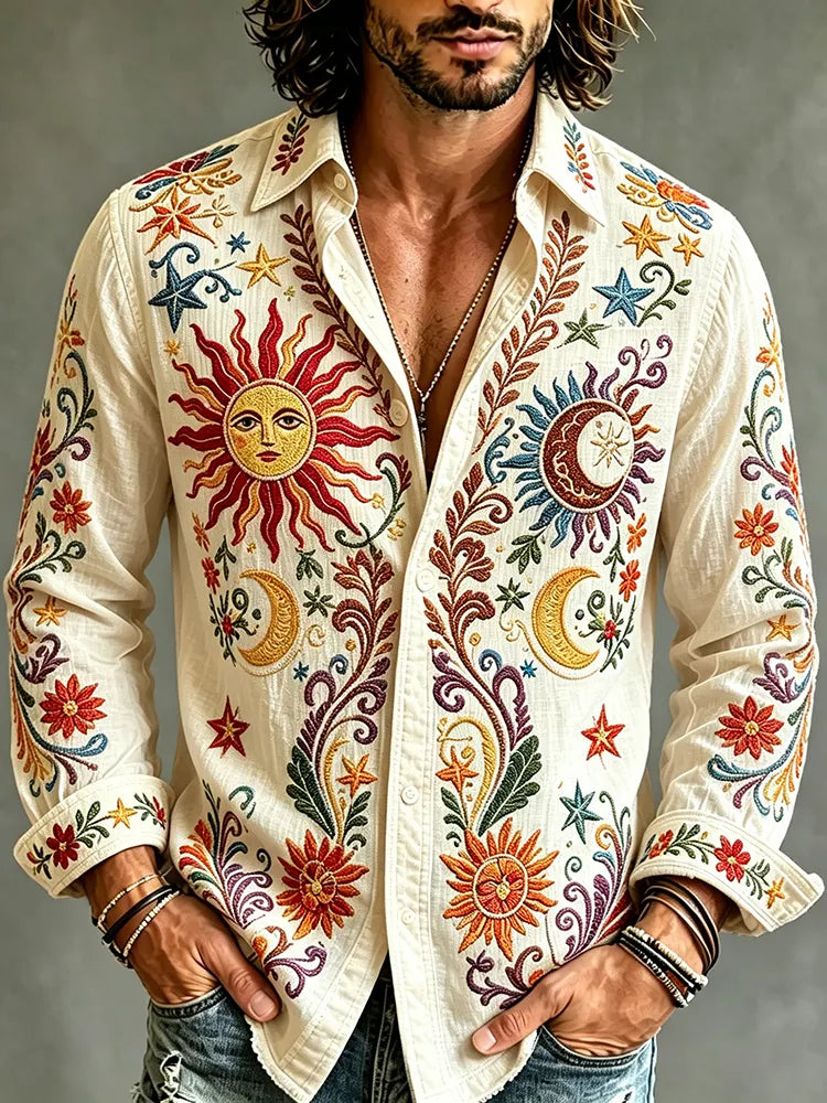 Men's Hippie Sun Moon Stars And Peace Art Vintage Cotton Linen Casual Long Sleeve Shirt