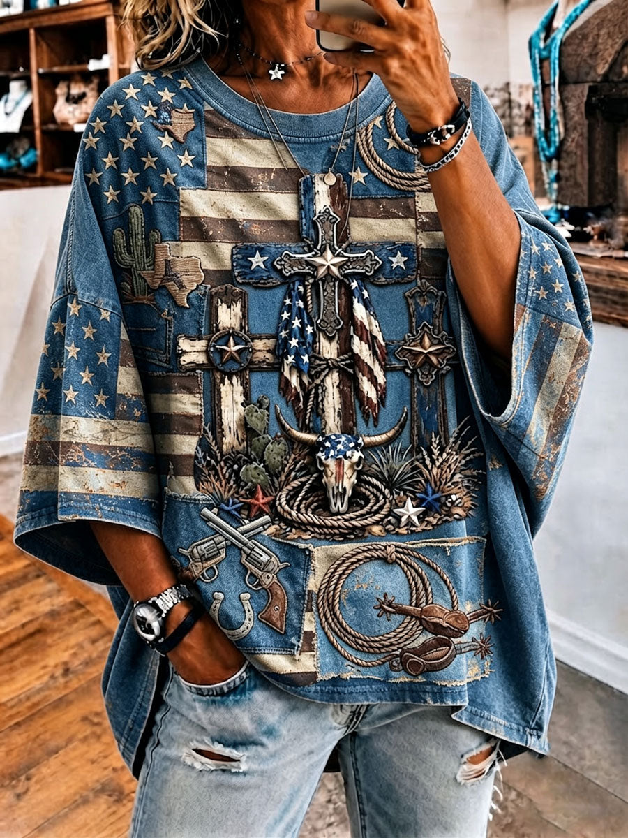 Ladies' Retro Western Style Cross Faith Loose Top