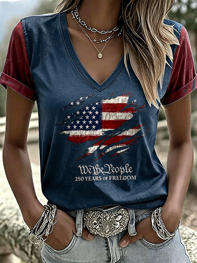 Women'S America Flag Print Casual V-Neck T-Shirt