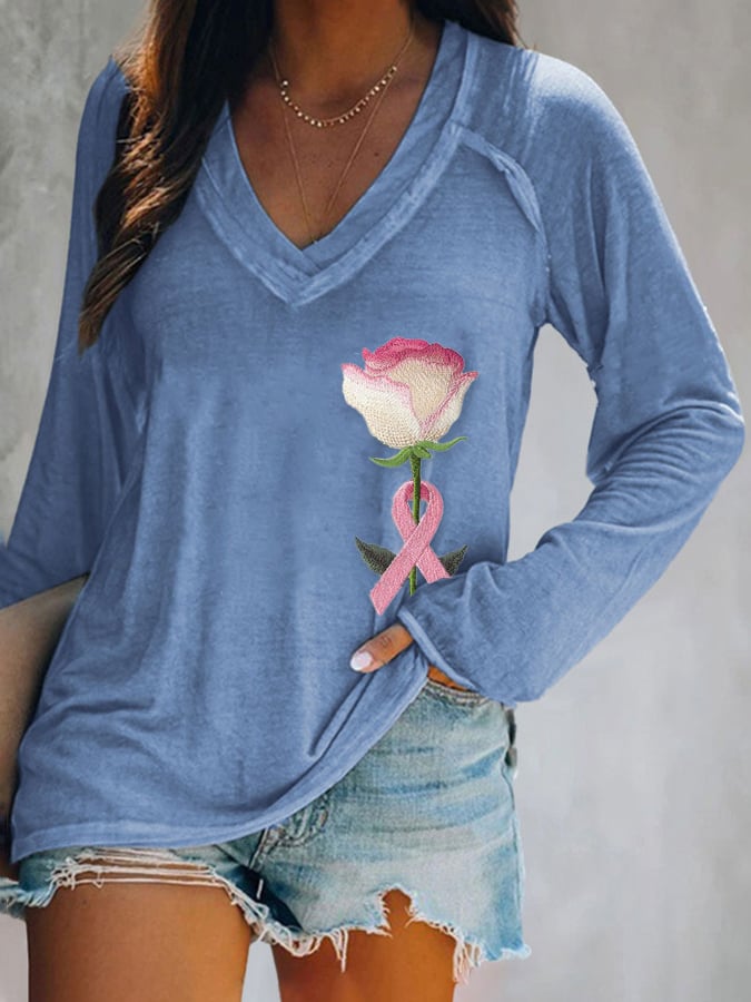 Women's Pink Breast Cancer Floral Print T-Shirt