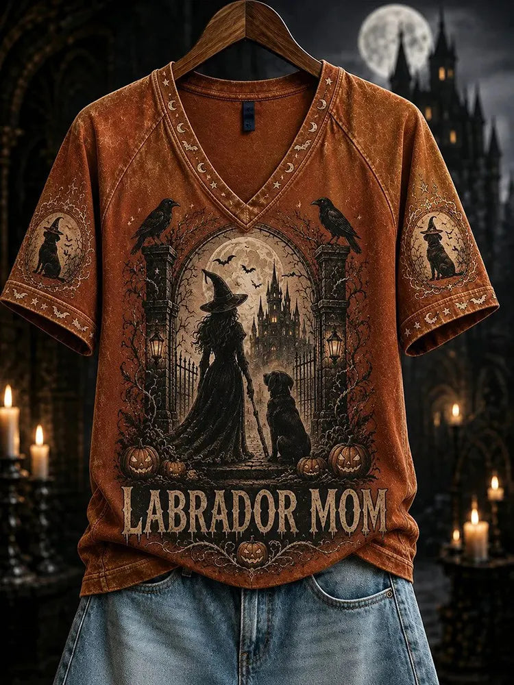 Women's Raven Witch Dog Castle Retro Dark Print V-neck T-shirt