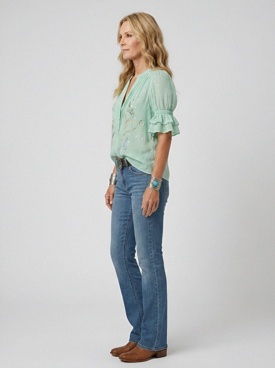 Women's Western Vintage Floral Gold-Speckled Printed Blouse