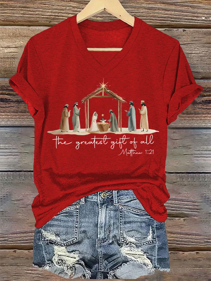 V-Neck Retro Christmas The Greatest Gift Of All Is Jesus Matthew 1:21 Print T-Shirt