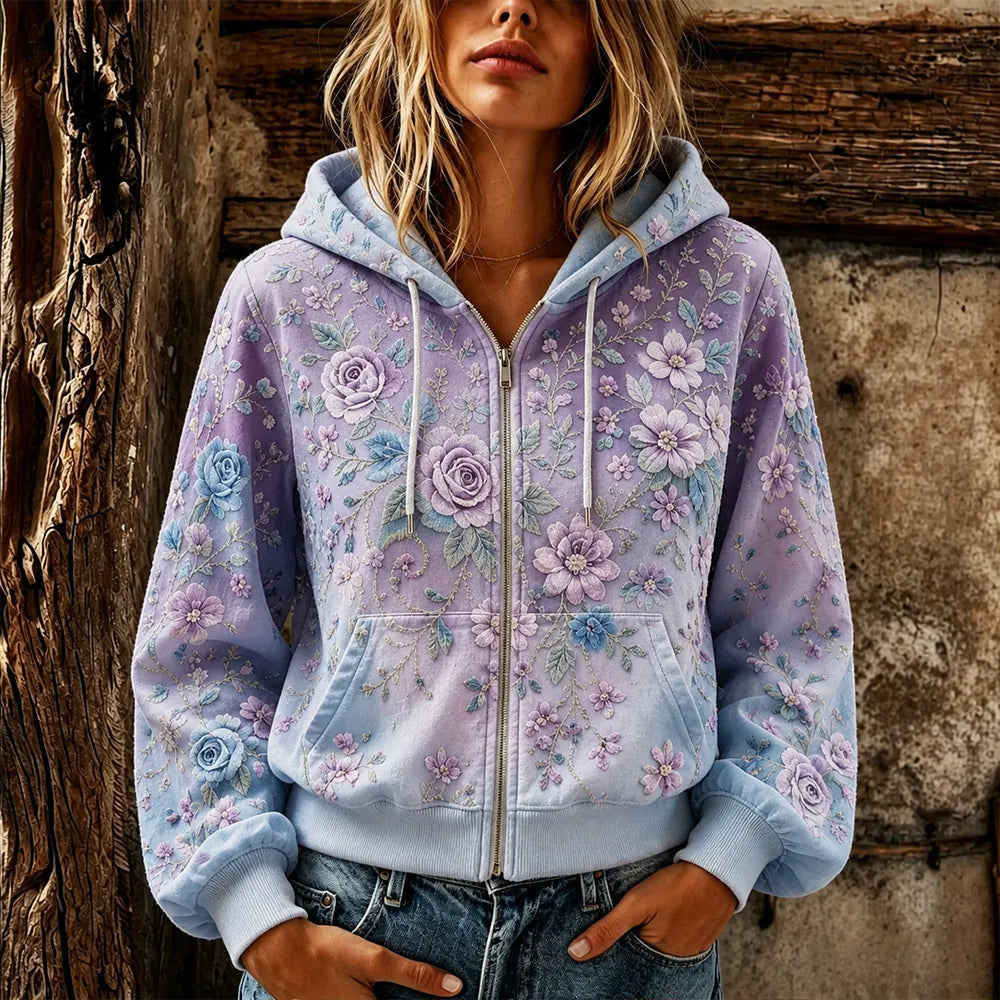 Women's Vintage Rose Floral Art Print Casual Cotton Linen Hoodie