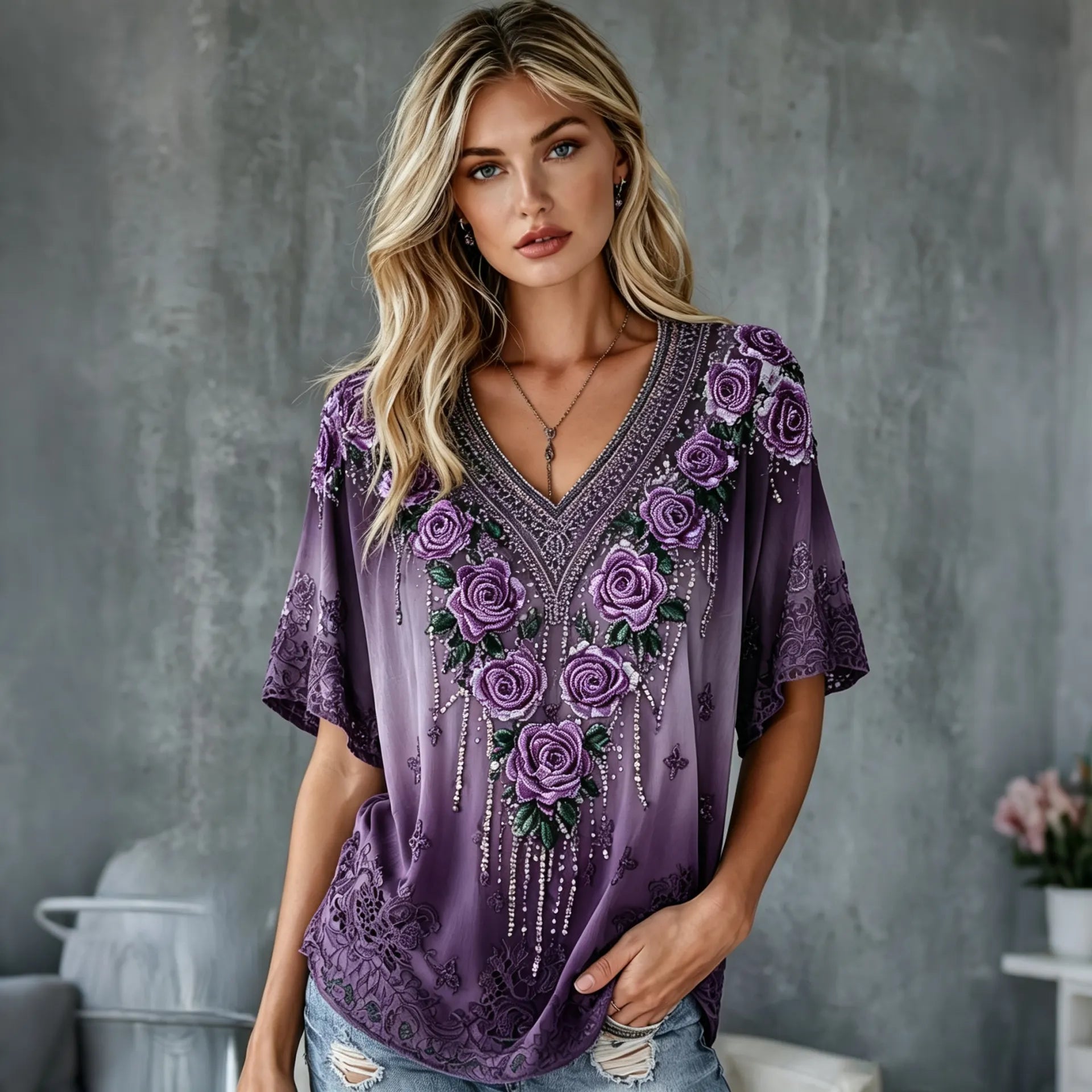Women's Vintage Floral Art Flowy Linen Blend Casual Tops