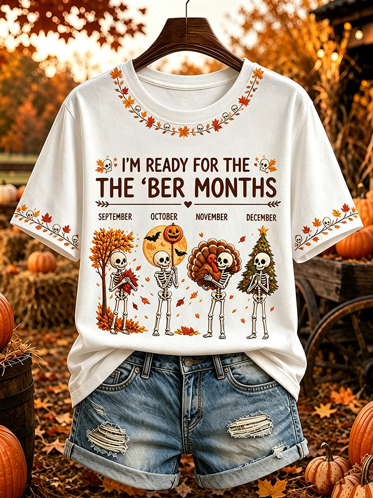 Women's Retro Autumn "i'm Ready For The 'ber Months" Skull Print Crew Neck T-shirt