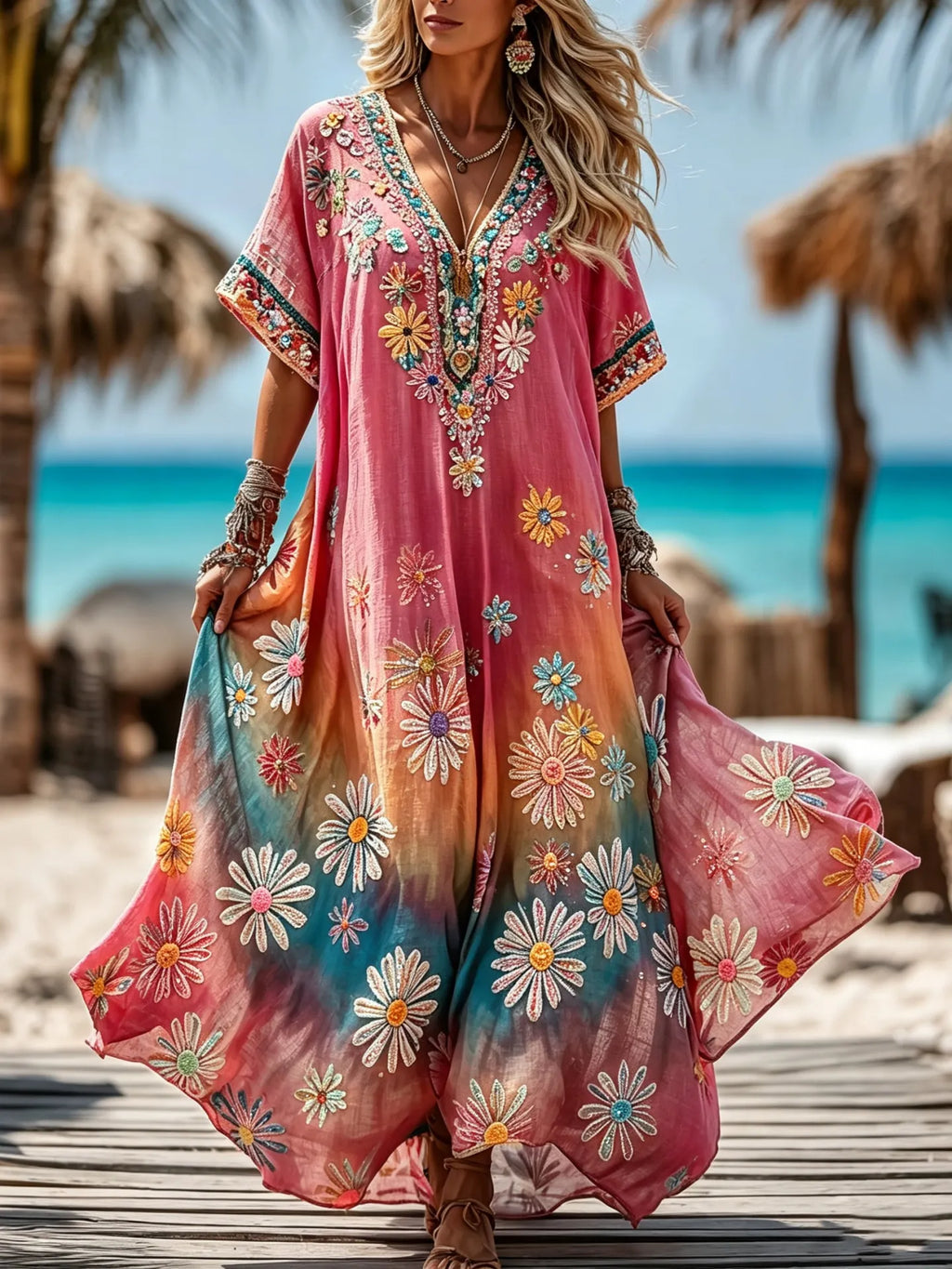 Women's Retro Hippie Floral Art Cotton Linen V-neck Short Sleeve Long Dress