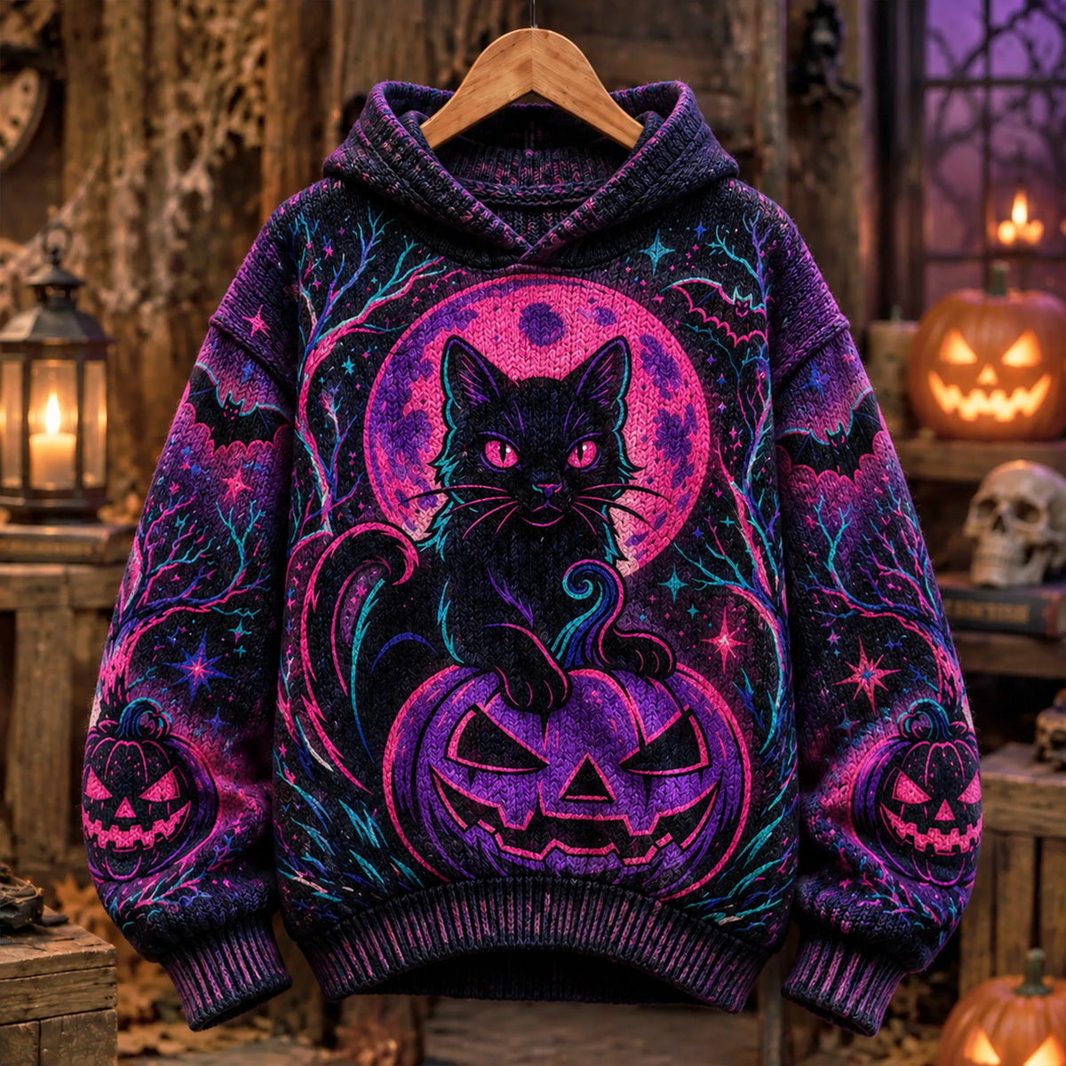 Retro Halloween Gothic Black Cat Moon Pumpkin Bat Star Pattern Hooded Sweater
