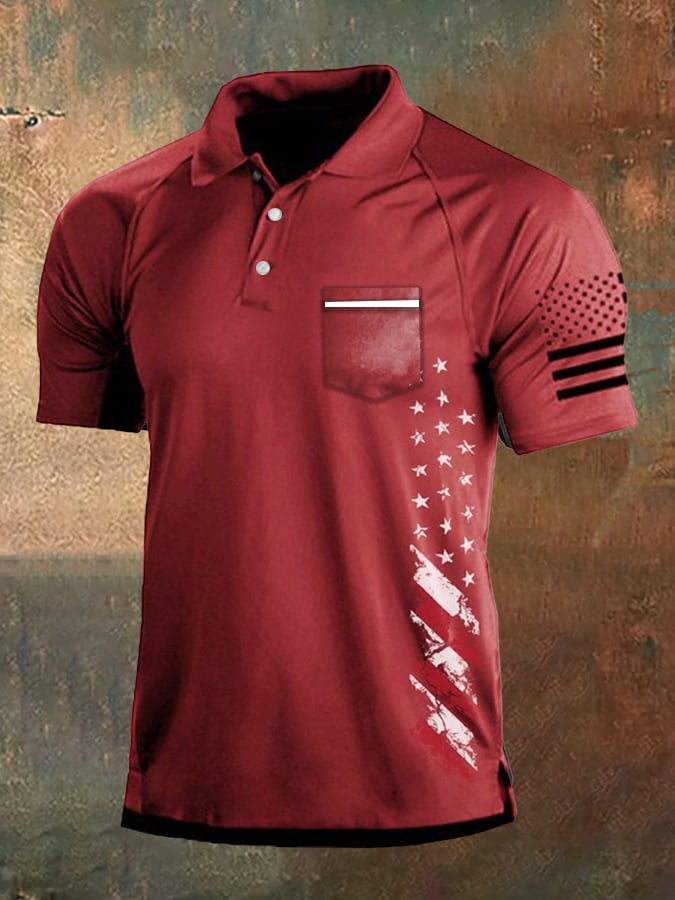 Men's Vintage American Flag Independence Day Pocket Colorblock Polo Shirt