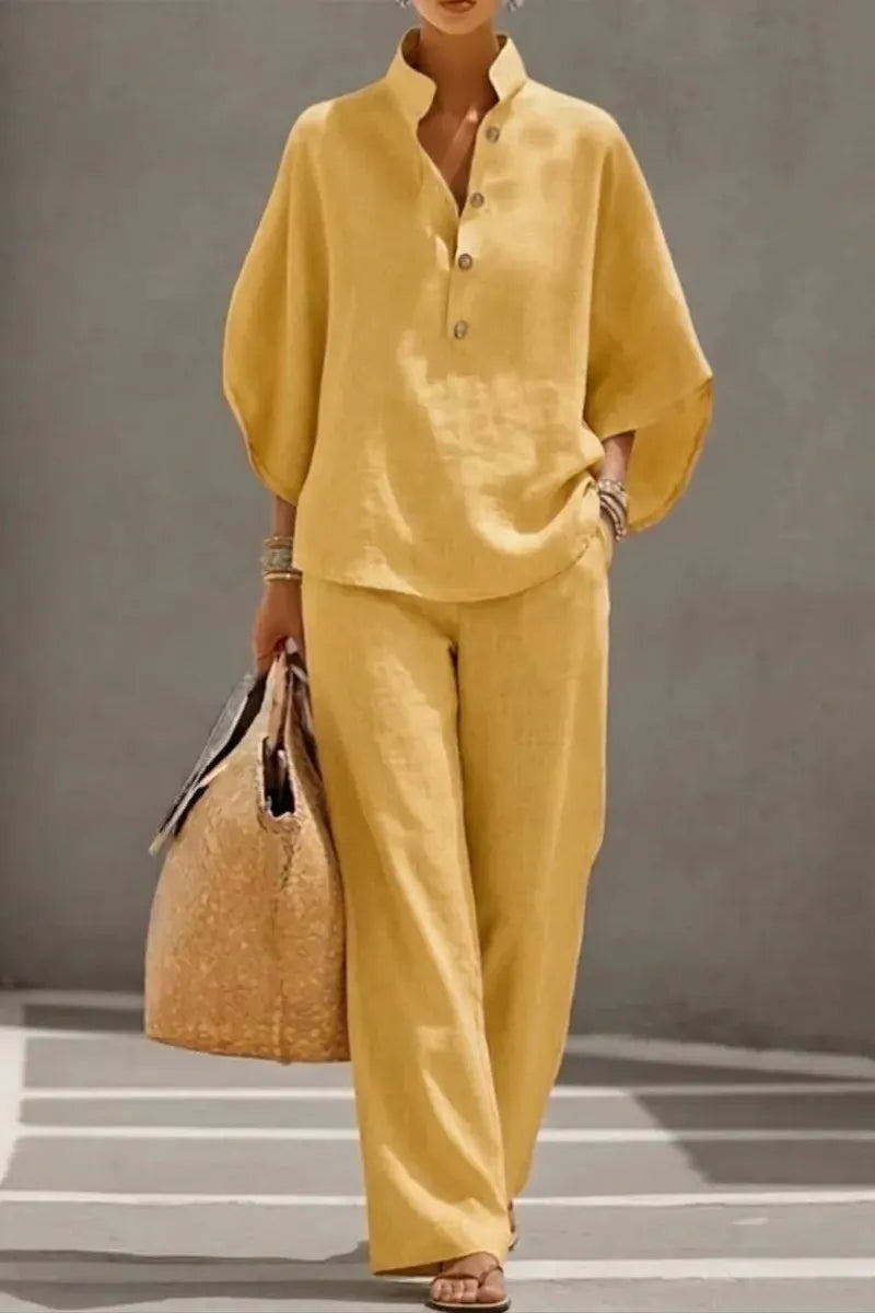 🔥 49% OFF🔥Women's Batwing Sleeve Linen Cotton Two-Piece Set – Casual Shirt & Wide Leg Pants Outfit