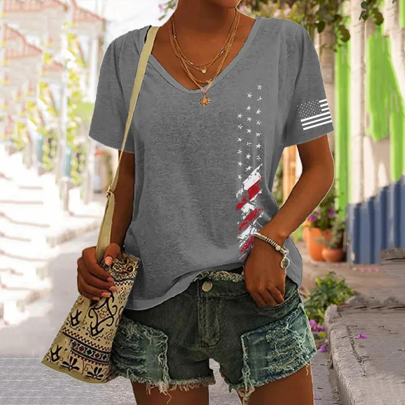 Women's America Flag Pattern Print V Neck Casual T-Shirt
