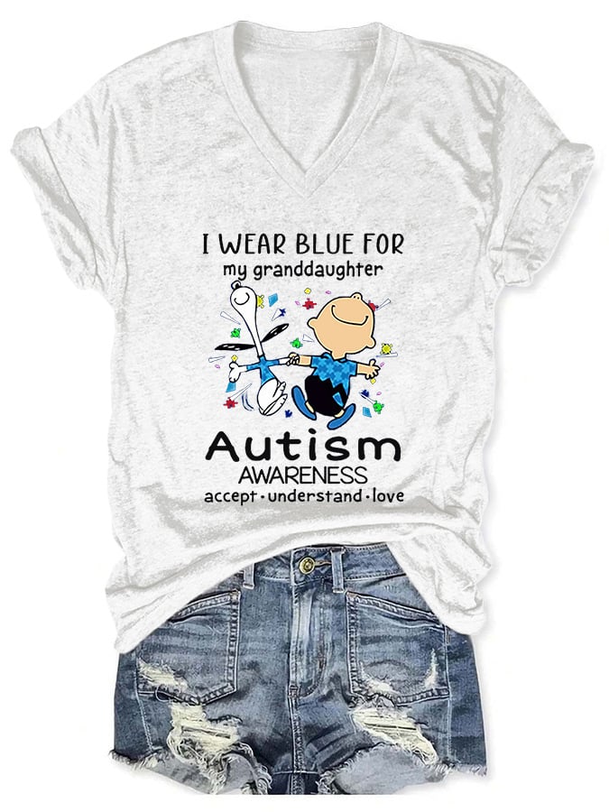 V-neck Autism Awareness I Wear Blue For My Granddaughter Print T-Shirt