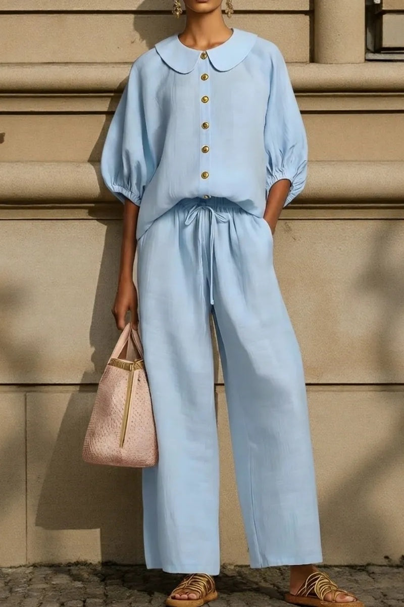 New Arrivals🔥Stylish Peter Pan Collar Shirt And Wide-leg Pant Linen Two-piece Set