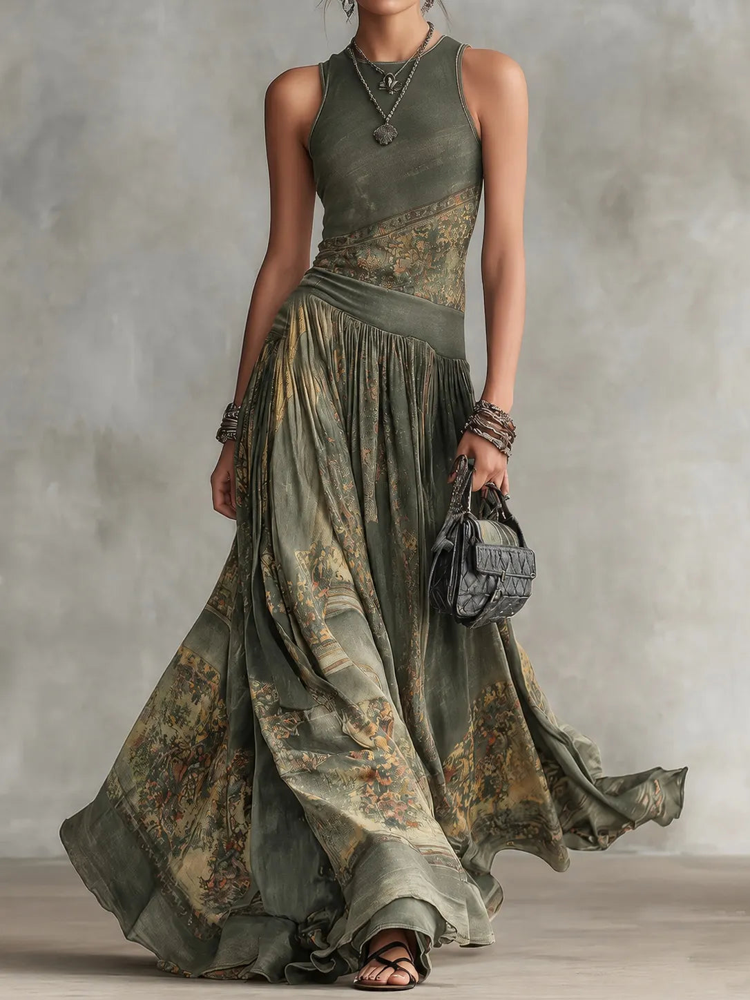 Elegant Retro Printed Sleeveless Tank Top Dress