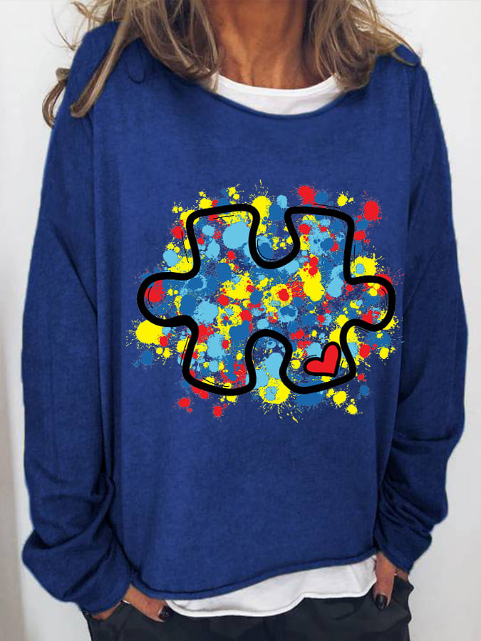 Women's Autism Awareness Be Kind Puzzle Casual Loose Print Sweater
