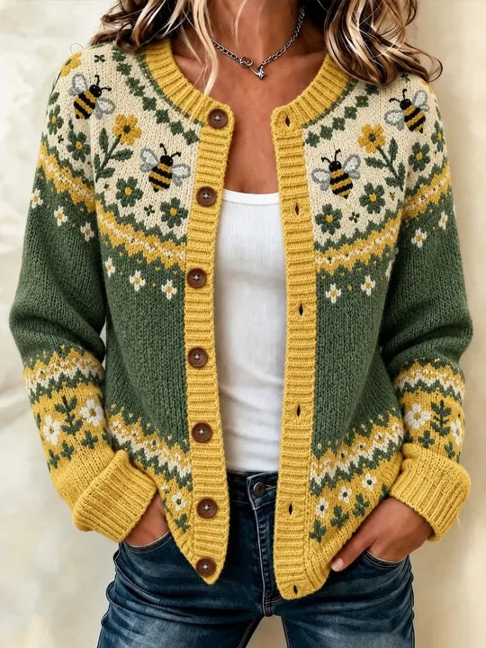 Women's Vintage Farm Animal Print Casual Knit Cardigan Sweater