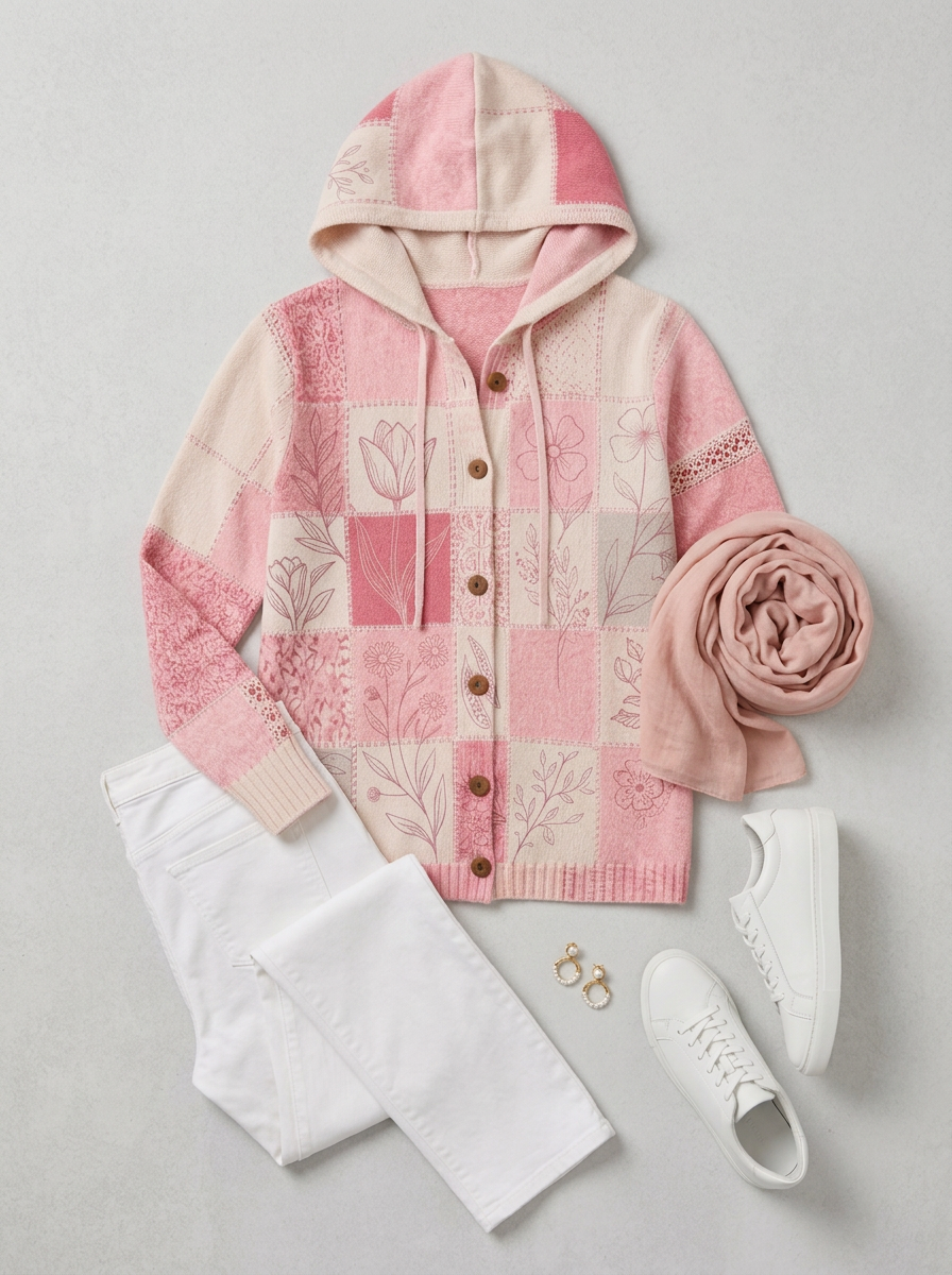 Women's Breast Cancer Awareness Pink Floral Patchwork Printed Cardigan
