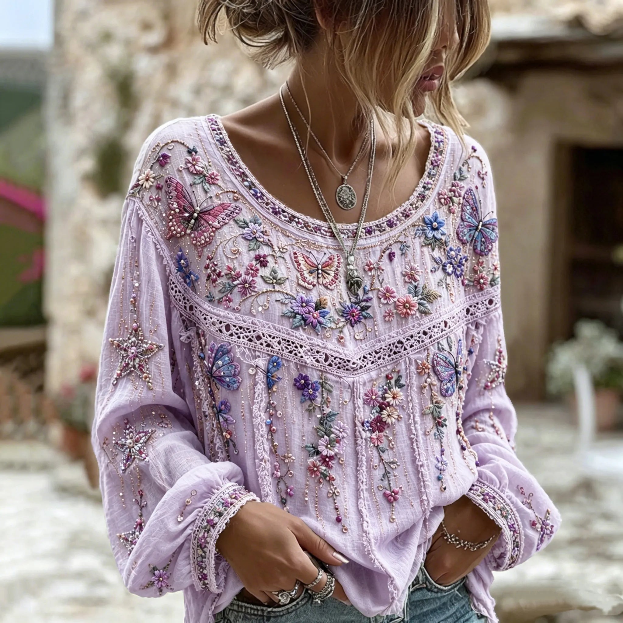 Women's Vintage Floral Art Embroidered Linen Blend Round Neck Long Sleeve Tops