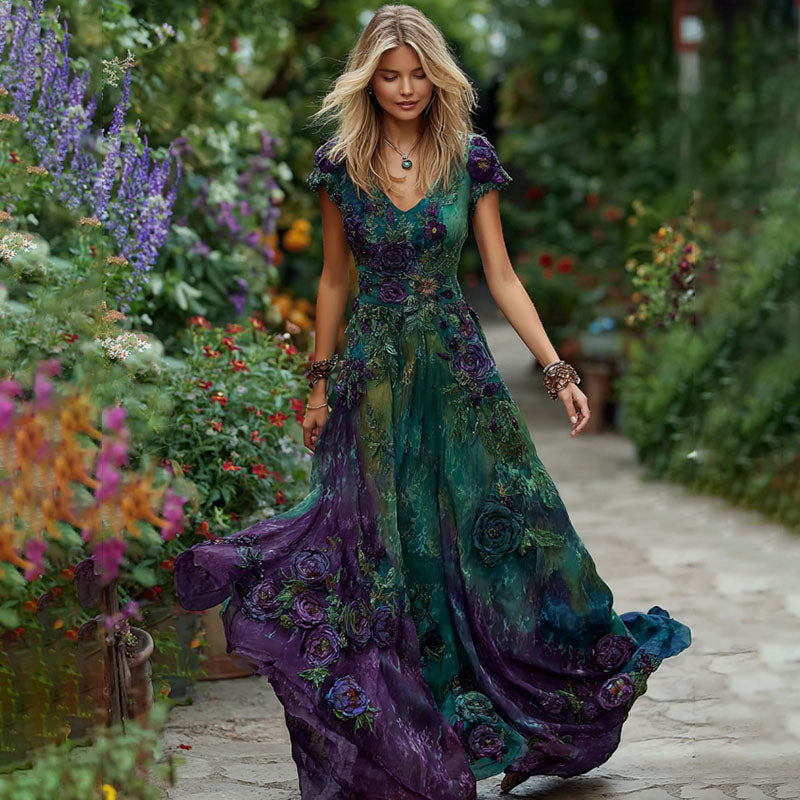 Women's Retro Purple Rose Gradient Pattern V Neck Maxi Dress