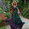 Women's Retro Purple Rose Gradient Pattern V Neck Maxi Dress