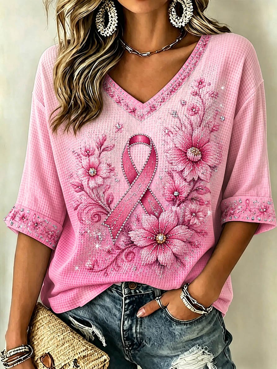 Women's Casual Top with Floral Breast Cancer Awareness Print