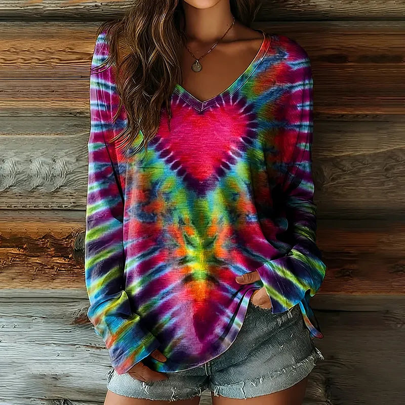 Women's Hippie Heart Tie-dye Art Print Casual V-neck Long Sleeve T-shirt