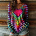 Women's Hippie Heart Tie-dye Art Print Casual V-neck Long Sleeve T-shirt