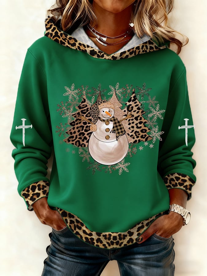 Women's Casual Leopard Print Snowman Hoodie