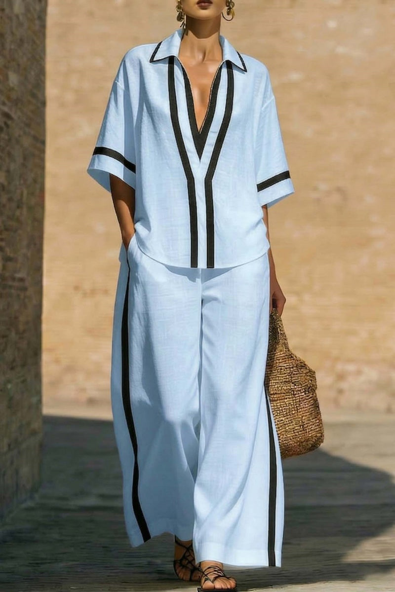 Casual Color-Blocked Short-Sleeved Shirt And Wide-Leg Pants Two-Piece Set