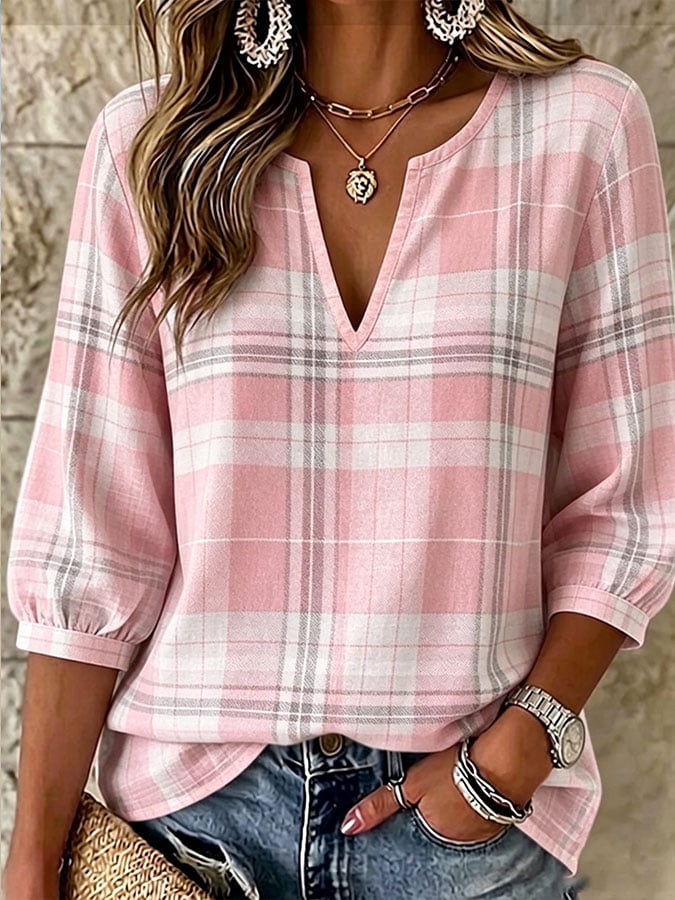 Women's Pink Plaid Print Cotton-Linen Top