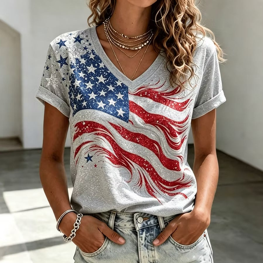 Women's Independence Day Flag Print V-neck Short Sleeve T-shirt