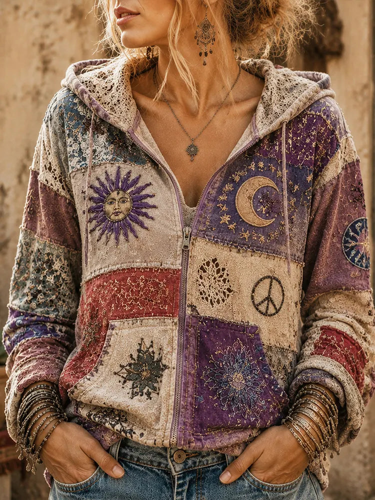 Women's Vintage Hippie Patchwork Lace Boho Sun Moon Peace Sign Embroidery Zip Up Hoodie