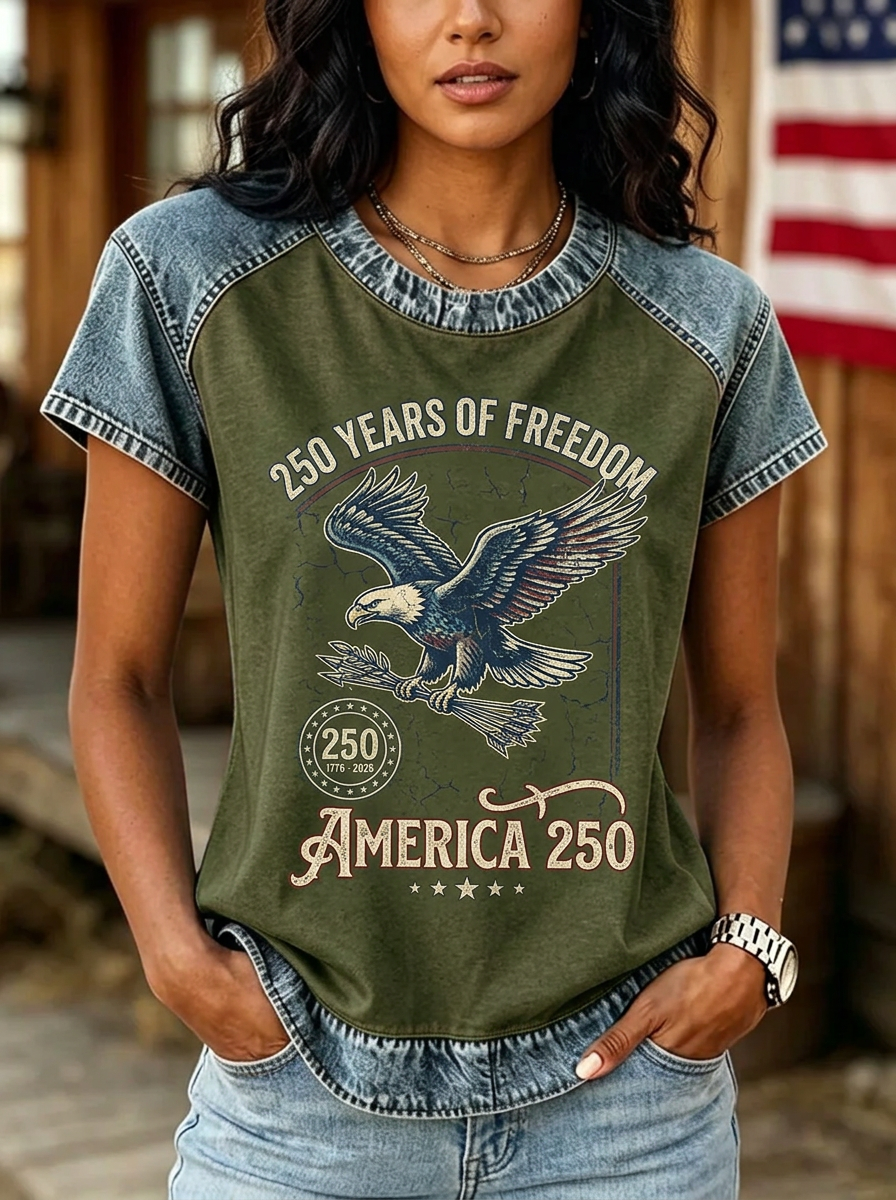 Women's Western Independence Day Eagle America 250 Printed T-shirt-5