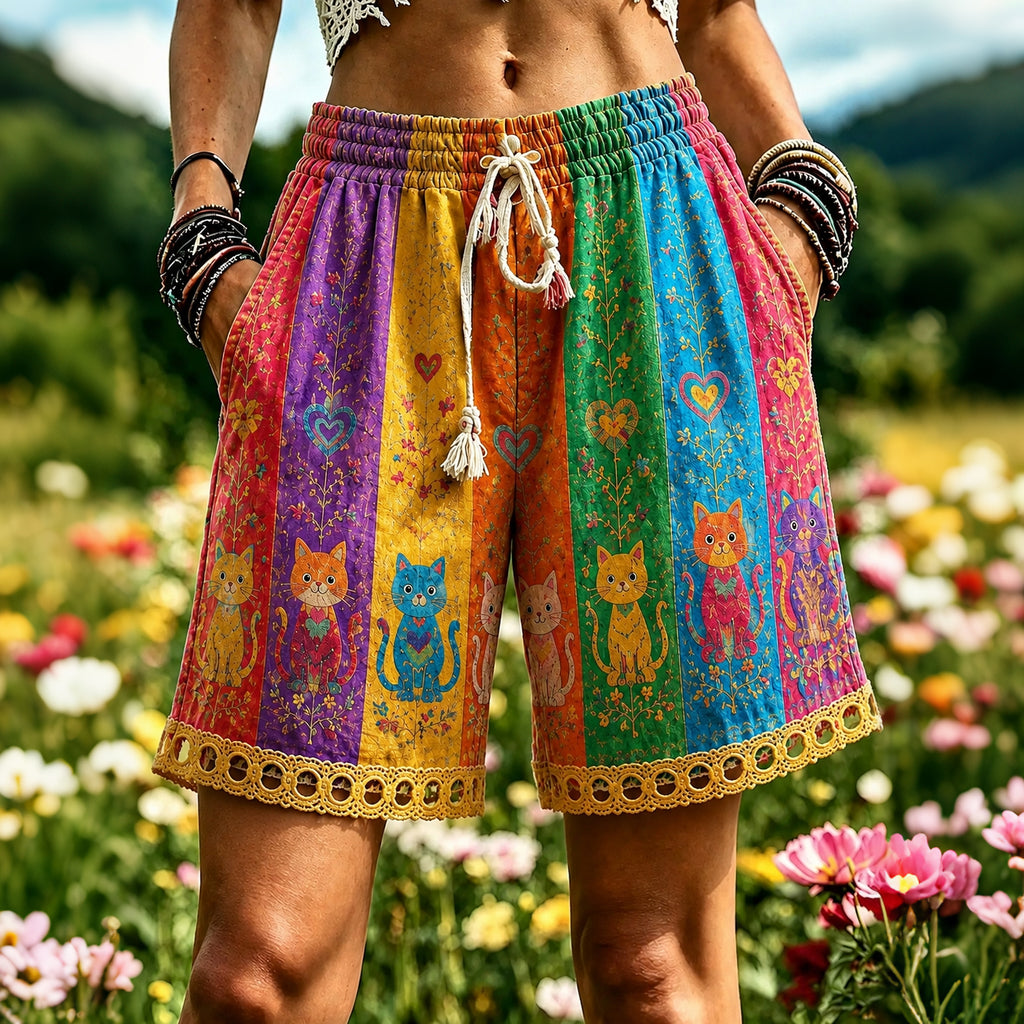 Retro Hippie Rainbow And Cat Pattern Linen Blend Shorts
