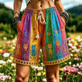 Retro Hippie Rainbow And Cat Pattern Linen Blend Shorts