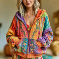 Women's Retro Hippie Floral Art Embroidery Color Block Cardigan Hoodie