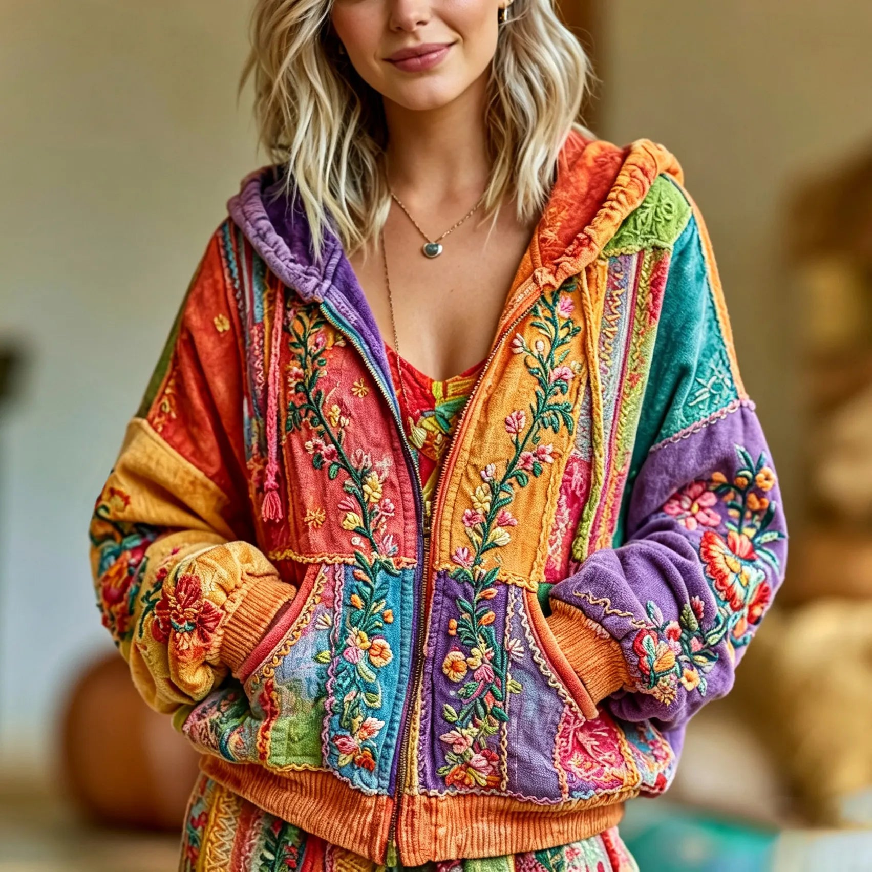 Women's Retro Hippie Floral Art Embroidery Color Block Cardigan Hoodie