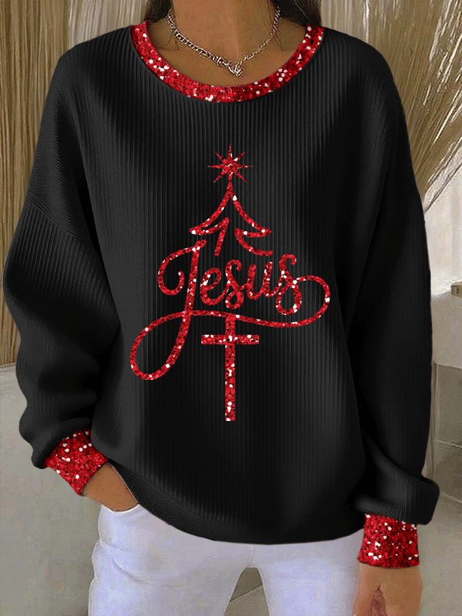 Women's Christmas Faith Print Knit Crew Neck Long Sleeve Top