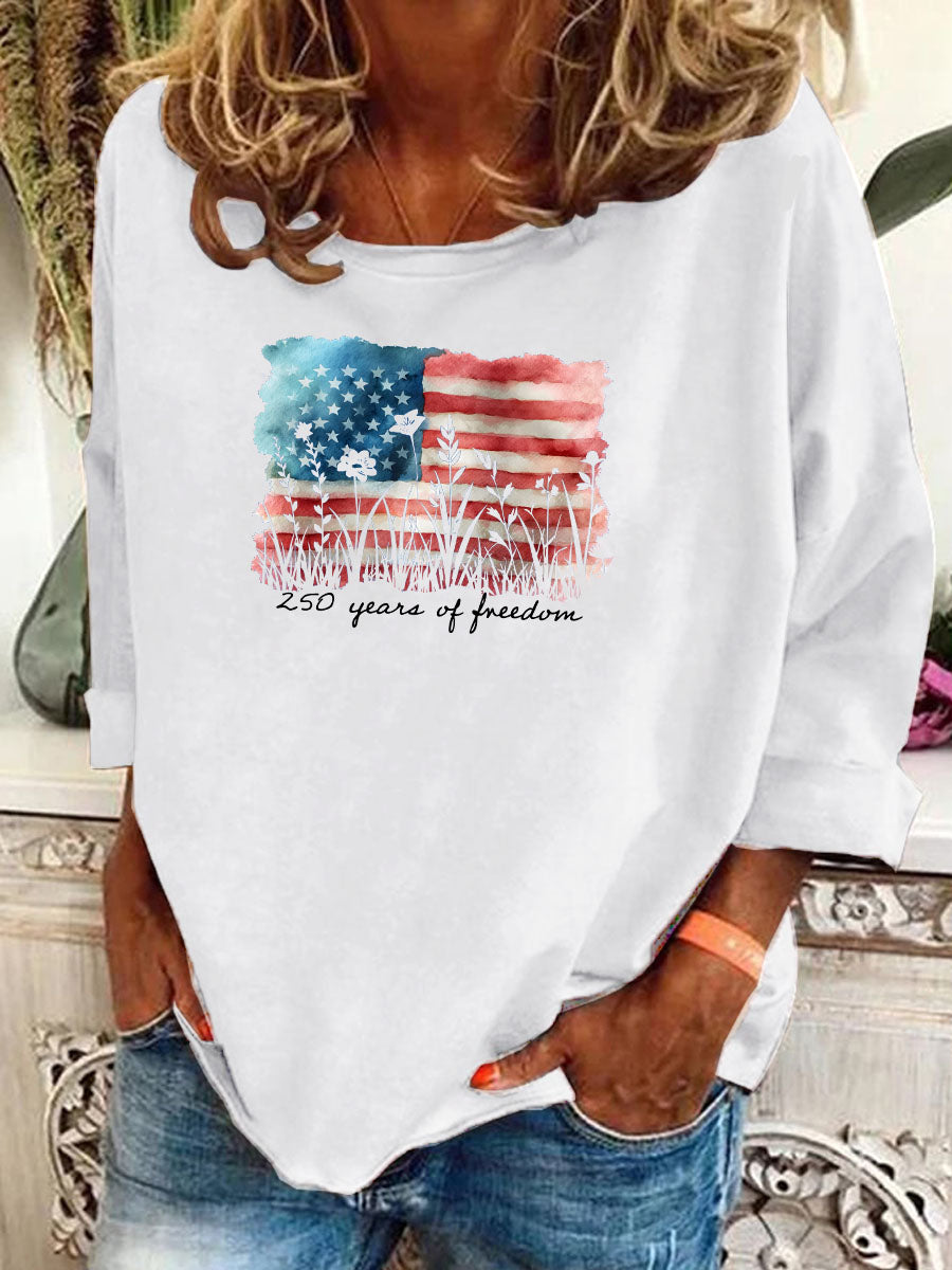 Women's Watercolor 250 Years Of Freedom Pattern Long Sleeve T-Shirt