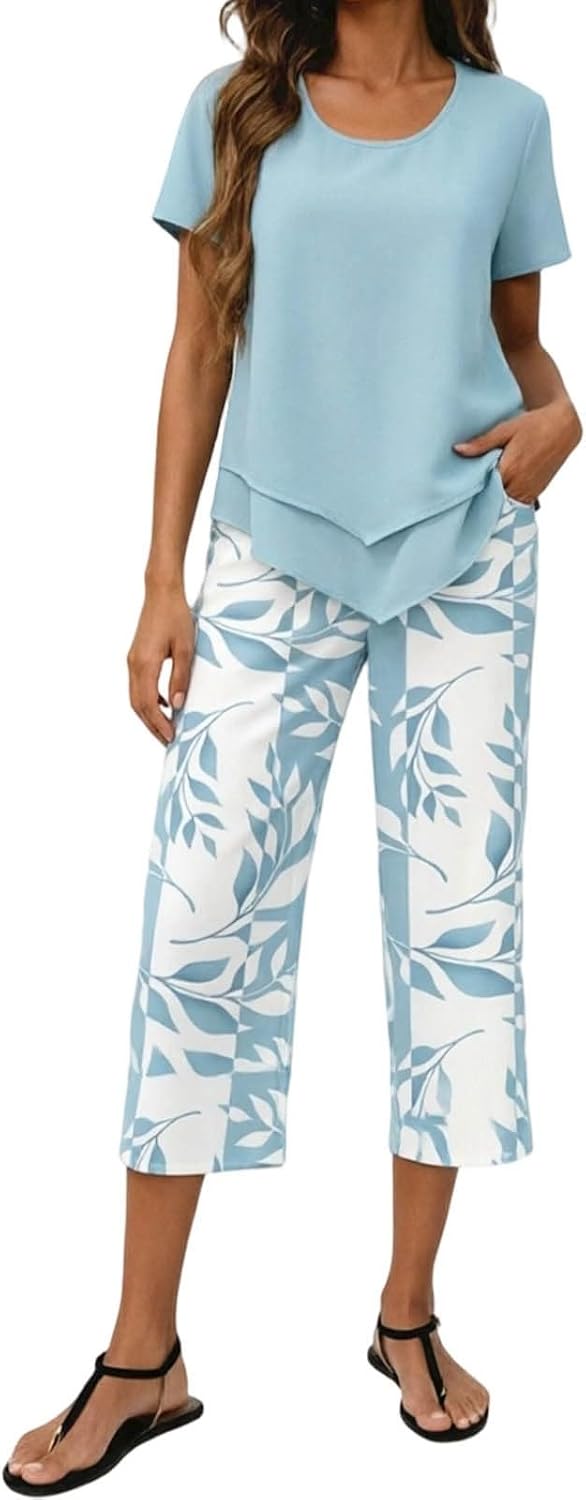 Women's Boho Floral Two Piece Sets Summer - Sleeveless Square Neck Double Layer Top and Wide Leg Pants, Casual Going Out Vacation Outfits