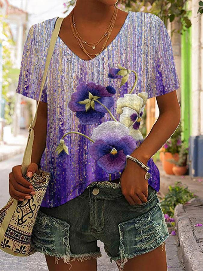 Women's Alzheimer's Purple Floral Print V-Neck T-Shirt