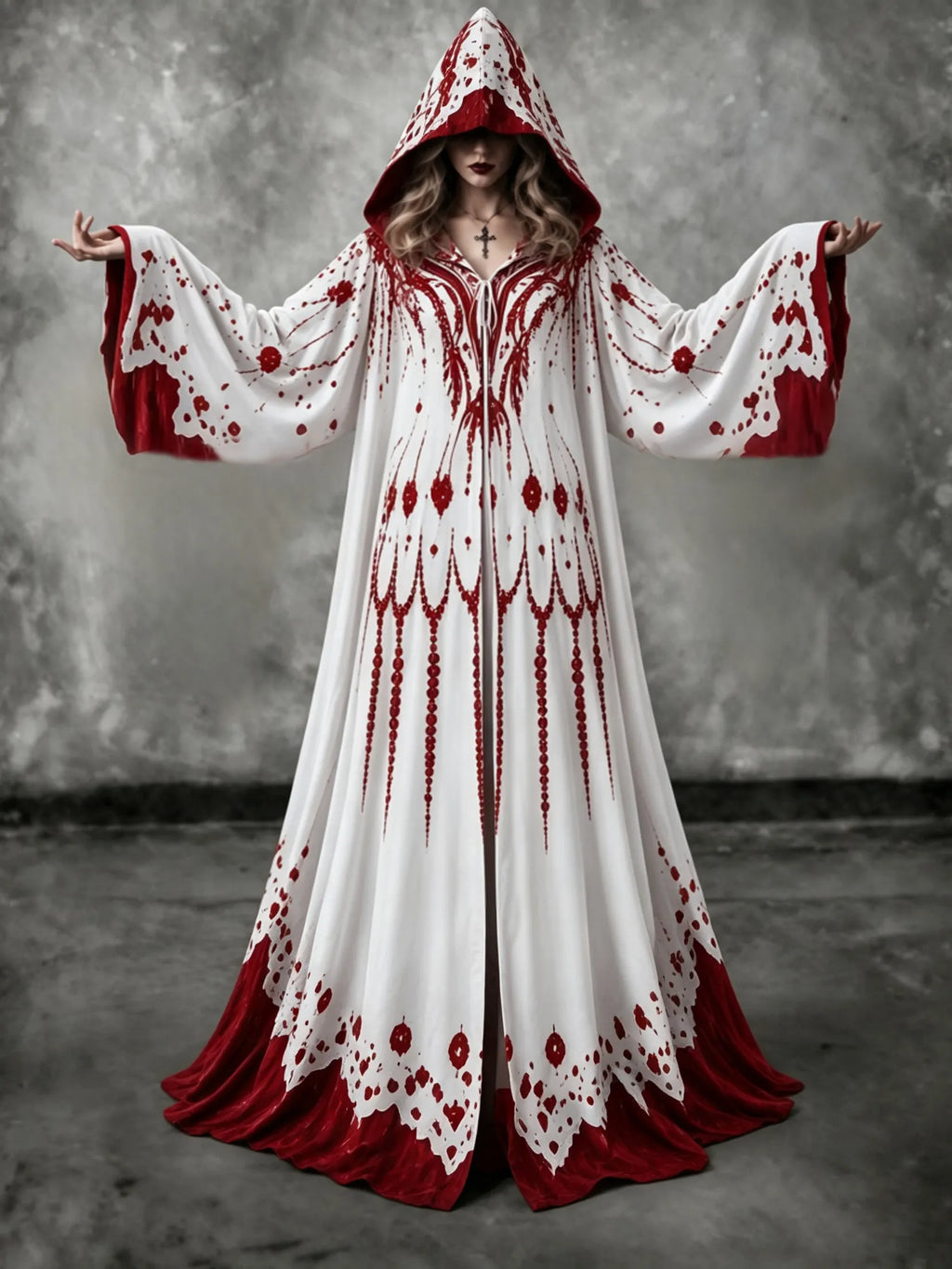 Women's Gothic Blood‐splash Hooded Priestess Robe – Halloween Costume