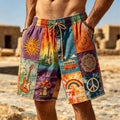 Men's Retro Hippie Style Sun And Peace Logo Print Casual Shorts