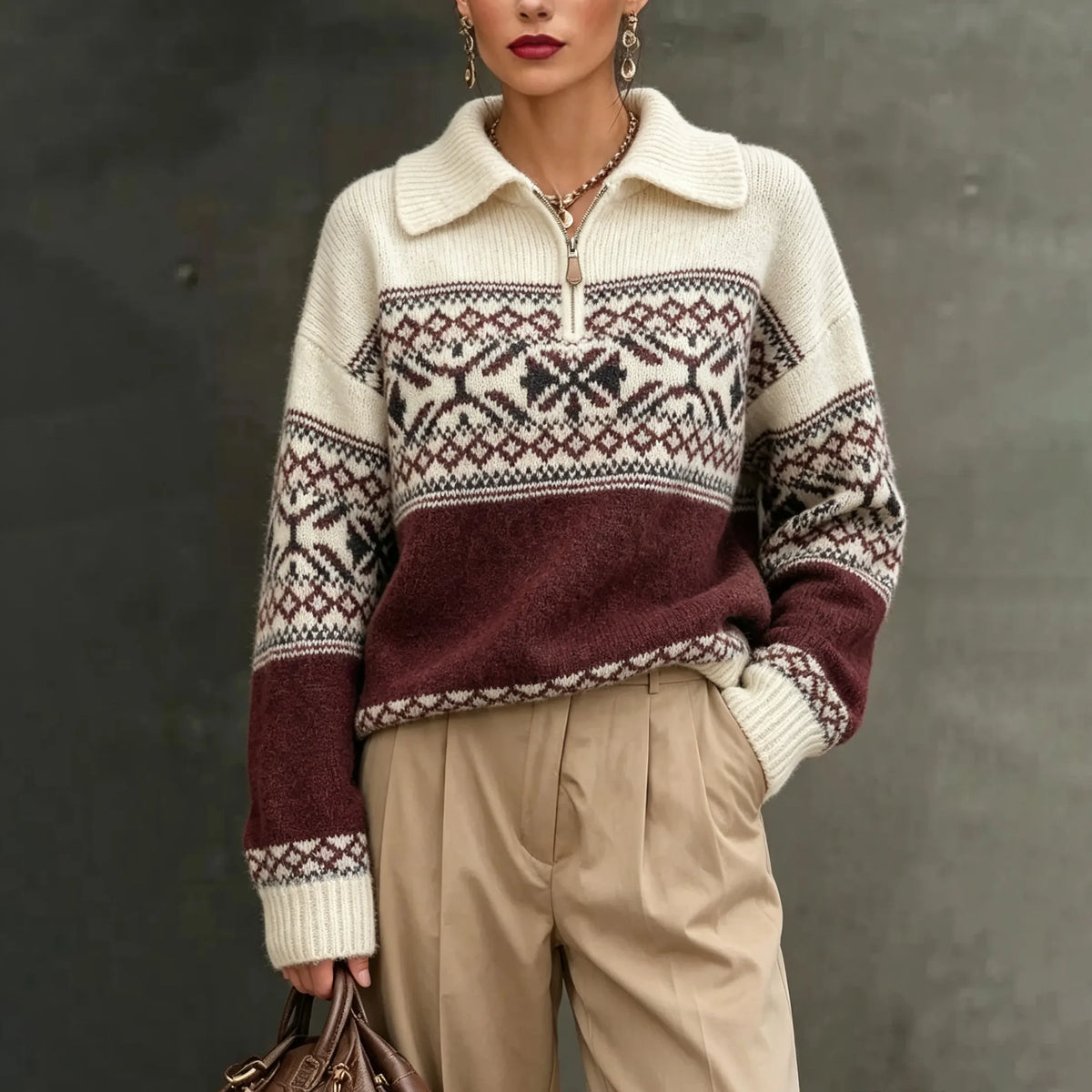 Fair Isle Collar Vintage Zipper Long-sleeve Jacquard Sweater