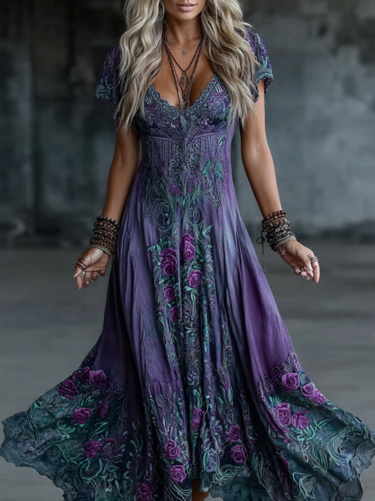 Women's Vintage Rose Art Embroidery V Neck Maxi Dress