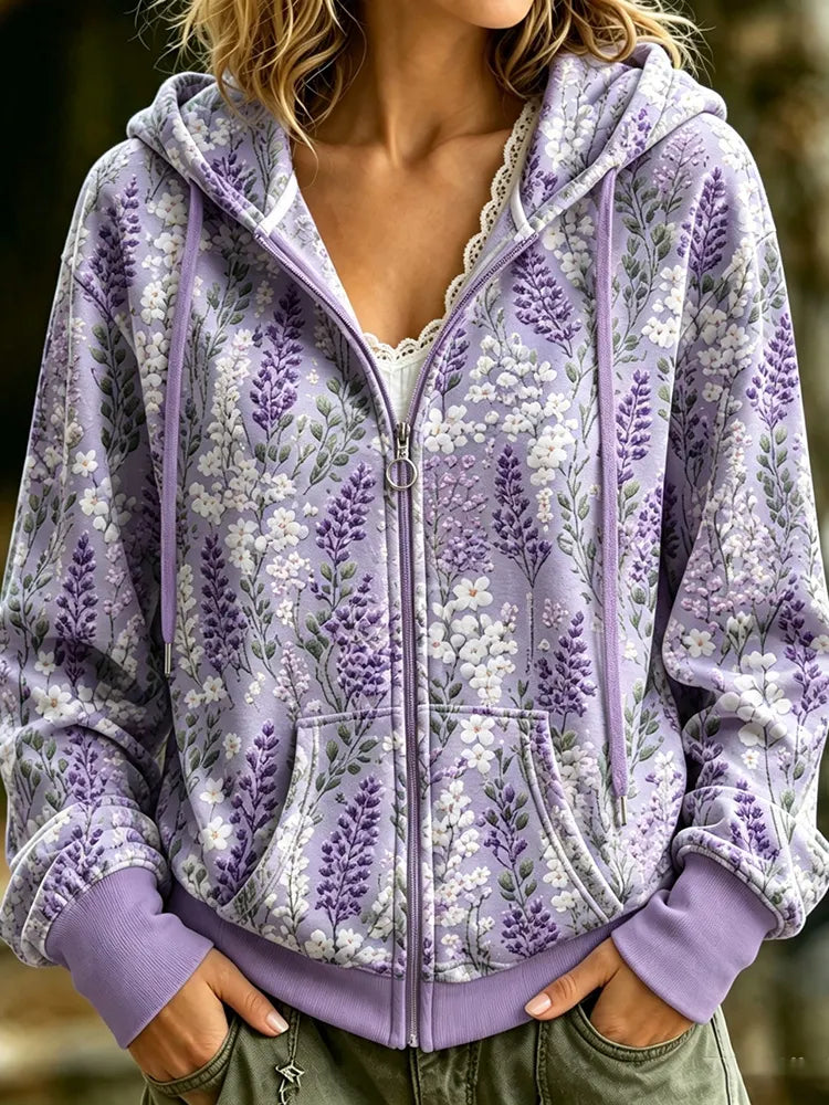 Women's Retro Purple Floral Pattern Art Casual Zip Up Hoodie