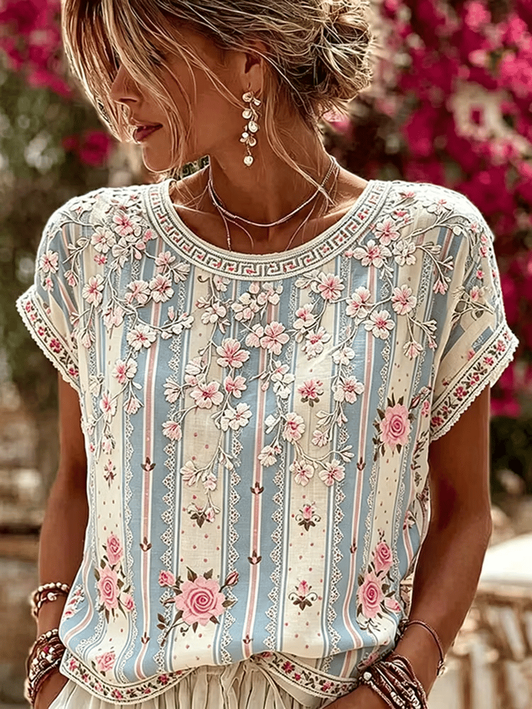 Women's Vintage Floral Breast Cancer Print Top