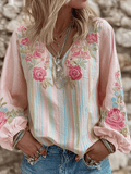Women's Casual Retro Long-Sleeve Top with Floral Breast Cancer Awareness Print